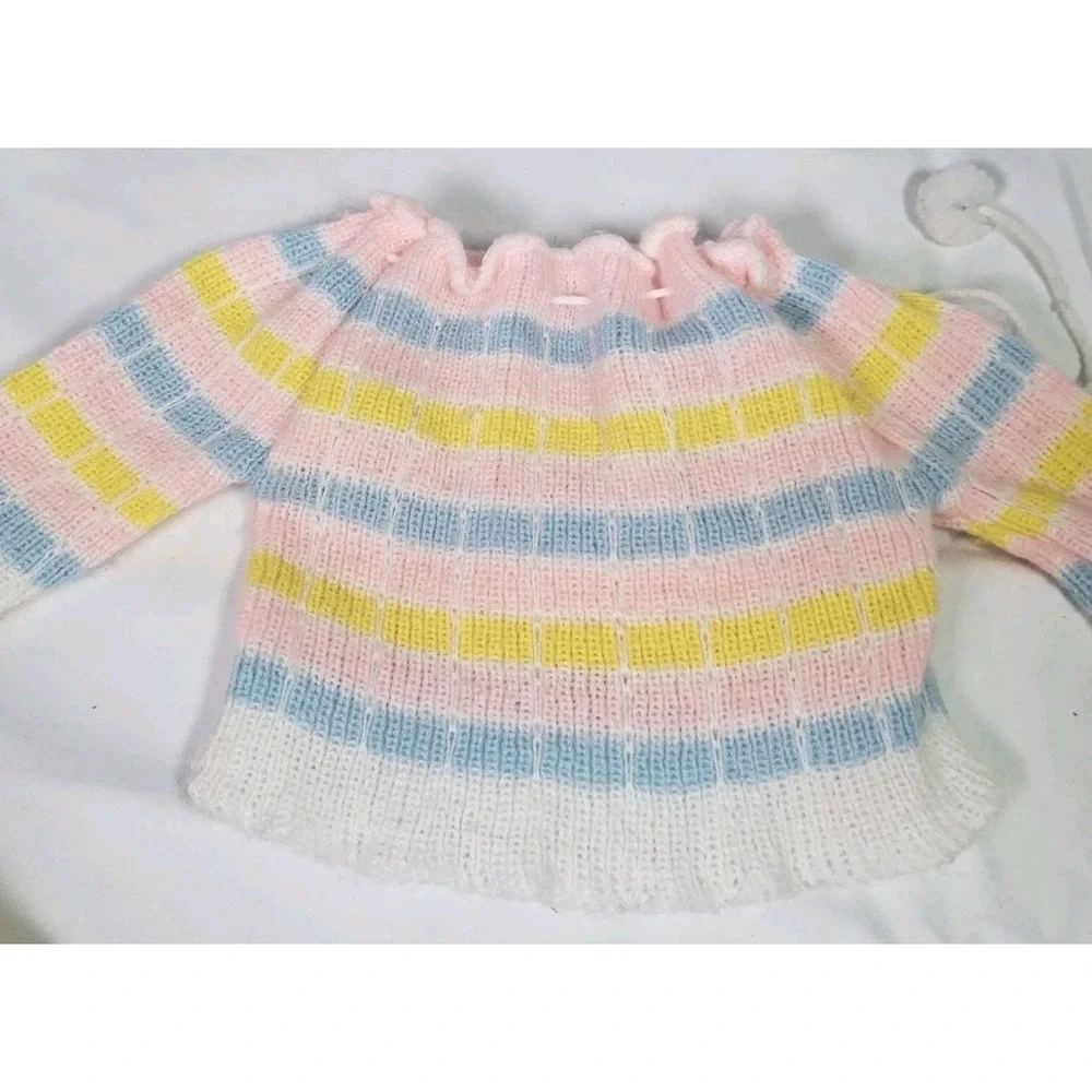 Vintage Hand Knit Doll Outfit Hat Sweater Footed Pants Baby Doll Pink Yellow Pom